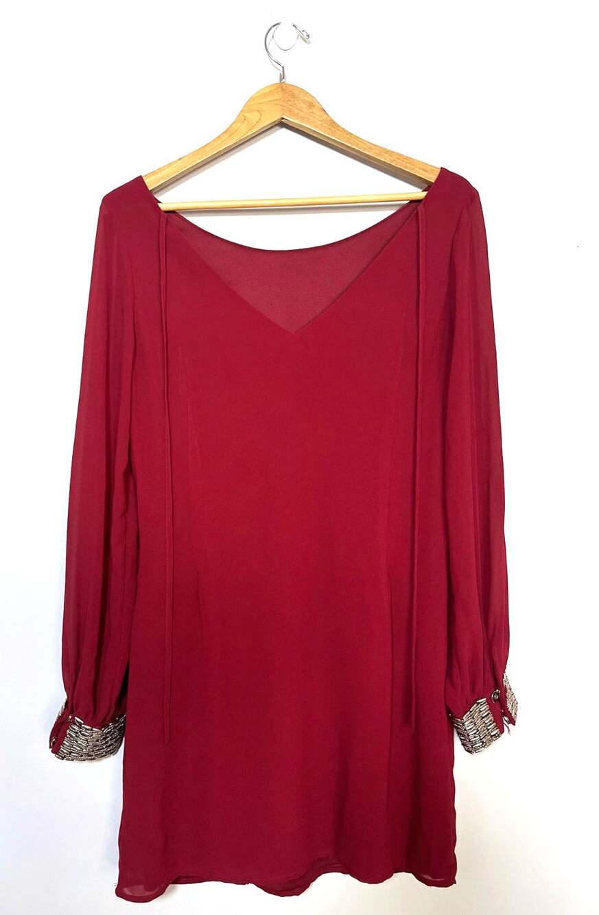 Alya Womens S Red Chiffon Shift Dress Long Sleeve Beaded Cuffs Holiday Party